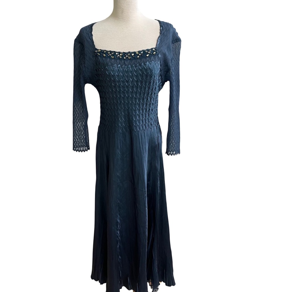Komarov Petite large Blue Hand Pleated Embellished Square Neck NWT Dress PL NEW